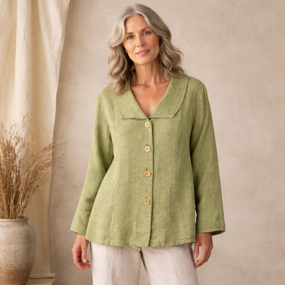 FLAX by Jeanne Engelhart Green Textured Linen Jacket Medium